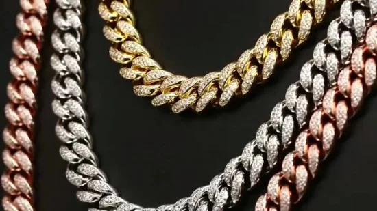 Set di gioielli personalizzati di fabbrica Oro 18 carati Argento sterling 925 o ottone Accessori moda Anello Bracciale Collane Gioielli Hip Hop a maglia cubana per uomo e donna
